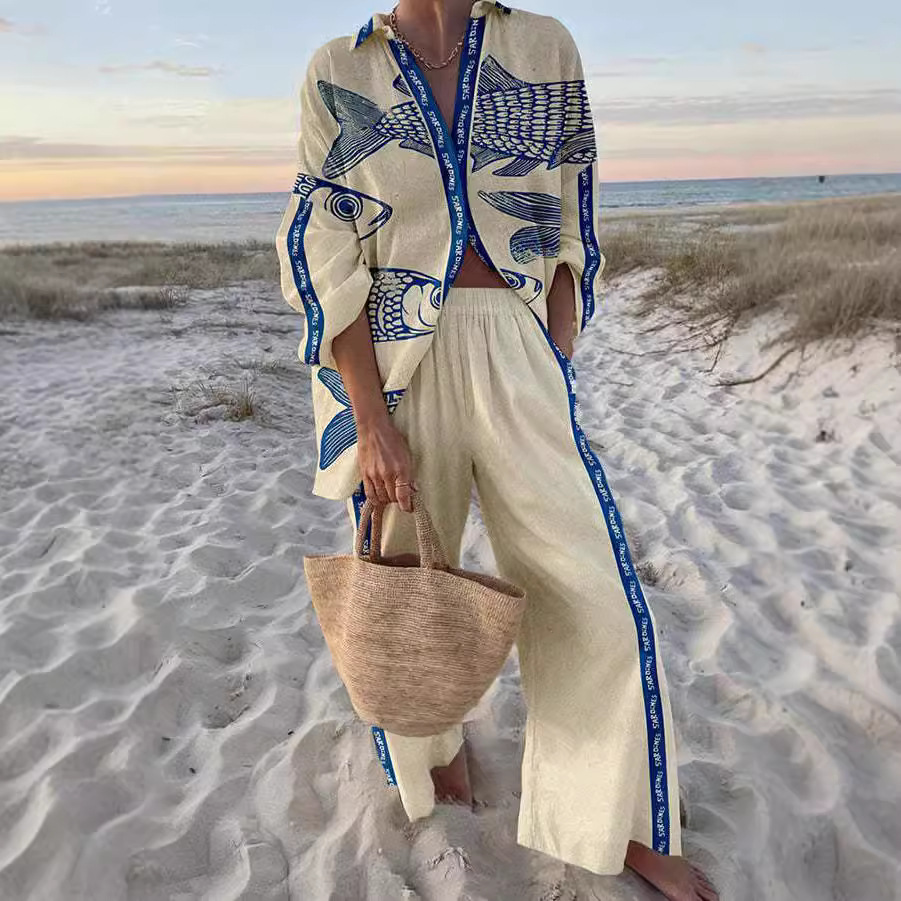 Yazette™ | Blue Fish Print Linen Set