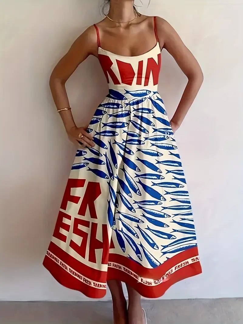 Demiza™ | Red and Blue Printed Strap Dress