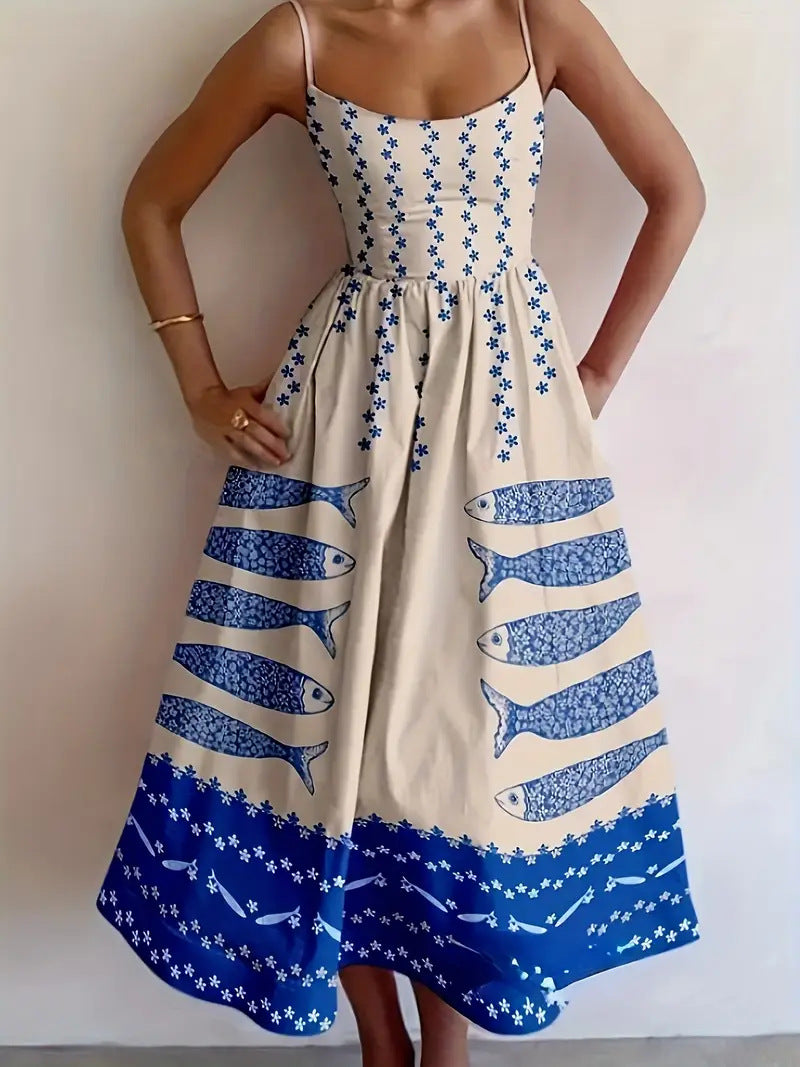 Joora™ | Blue Sardine Print Strap Dress