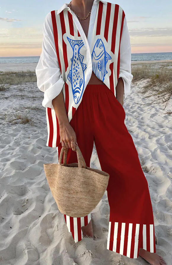Almao™ | Linen Set with Red and Blue Fish Print