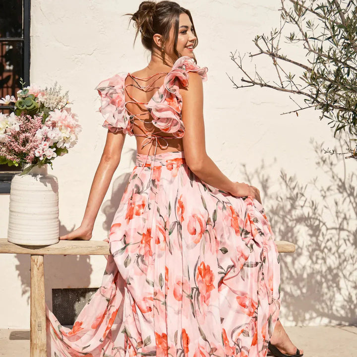 Alvara™ | Long Dress with Floral Print and Open Back