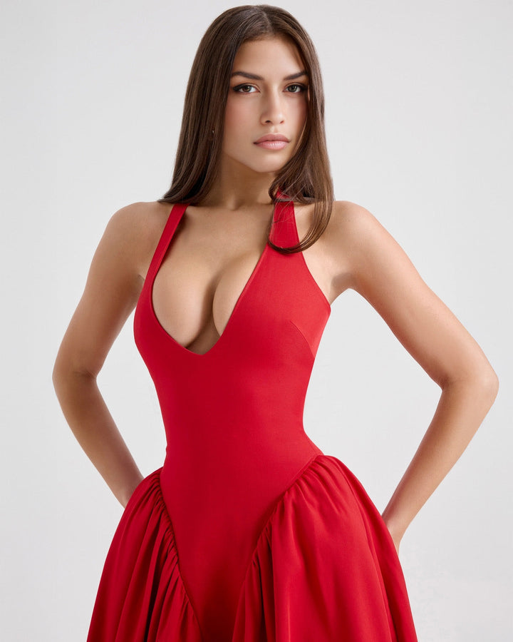 Ninaa™ | Red Midi Dress with Iconic Style