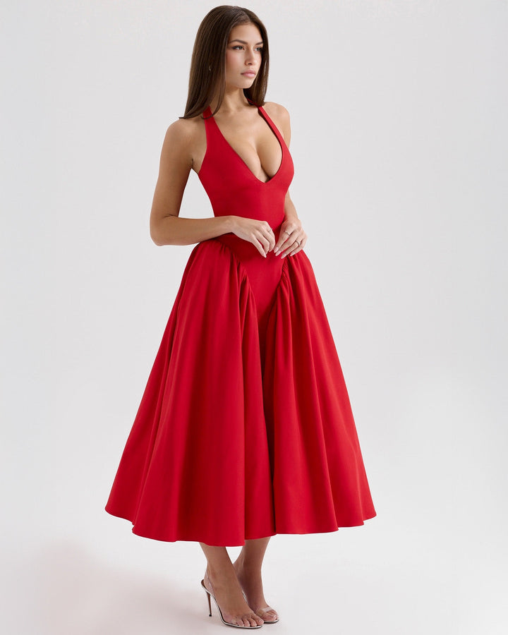Ninaa™ | Red Midi Dress with Iconic Style