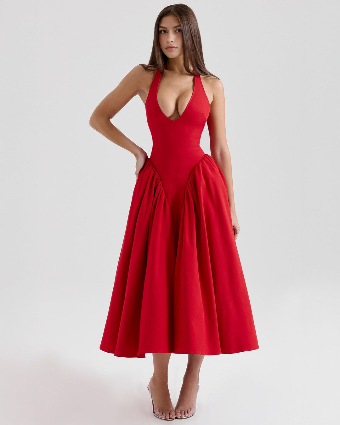 Ninaa™ | Red Midi Dress with Iconic Style