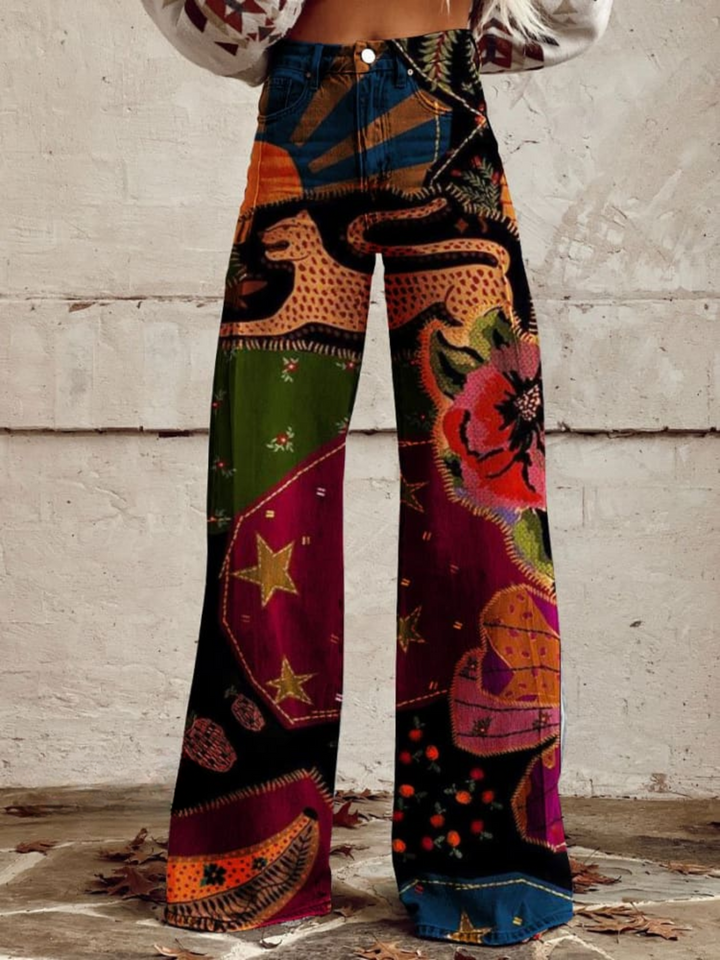 Pantaloni in denim con stampa patchwork Boho