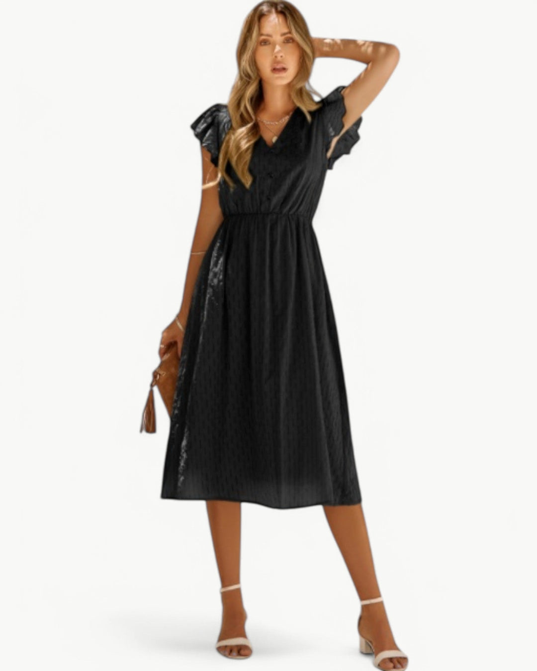 Alra™ | Midi Dress with V-Neck and Ruffle Sleeves