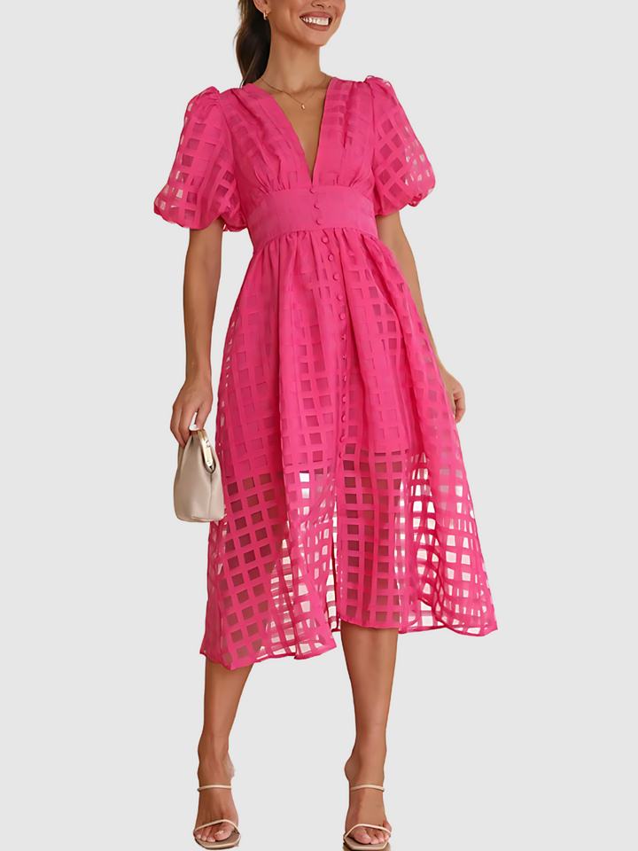 Plaid Midi Dress with Puff Sleeves