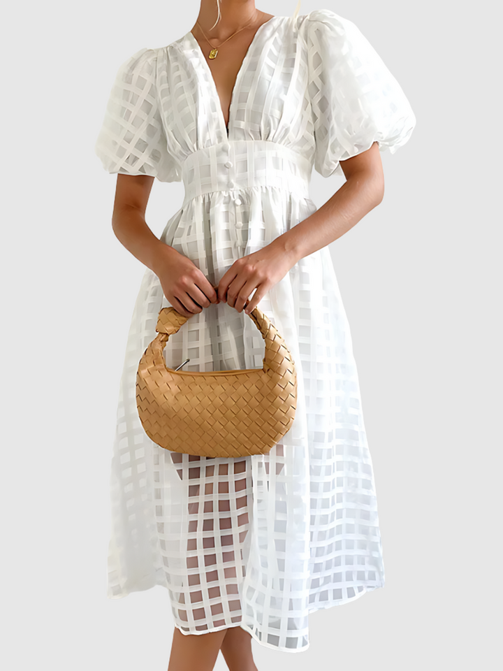 Plaid Midi Dress with Puff Sleeves
