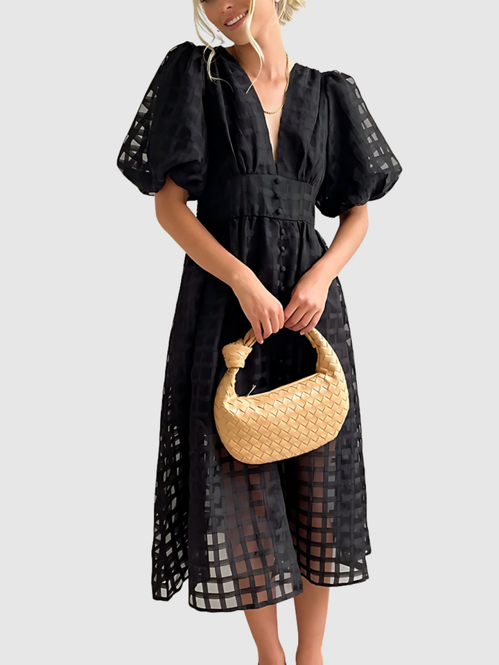 Plaid Midi Dress with Puff Sleeves