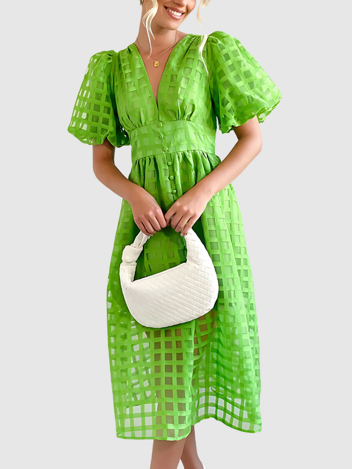 Plaid Midi Dress with Puff Sleeves