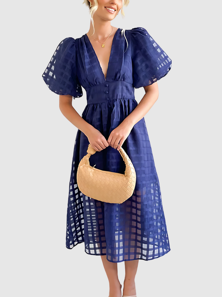 Plaid Midi Dress with Puff Sleeves