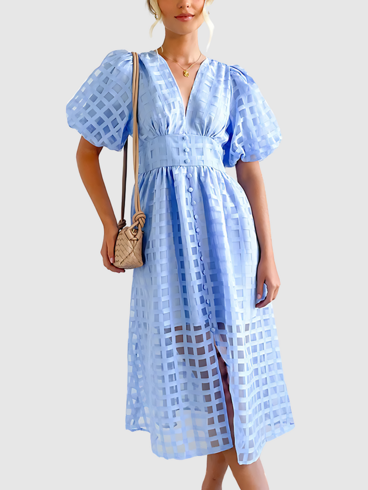 Plaid Midi Dress with Puff Sleeves