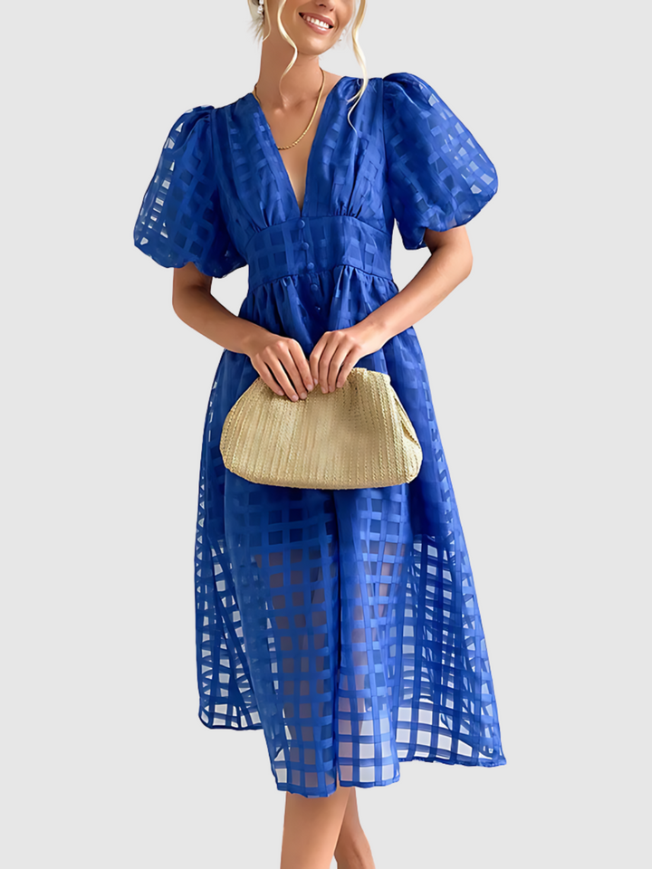 Plaid Midi Dress with Puff Sleeves