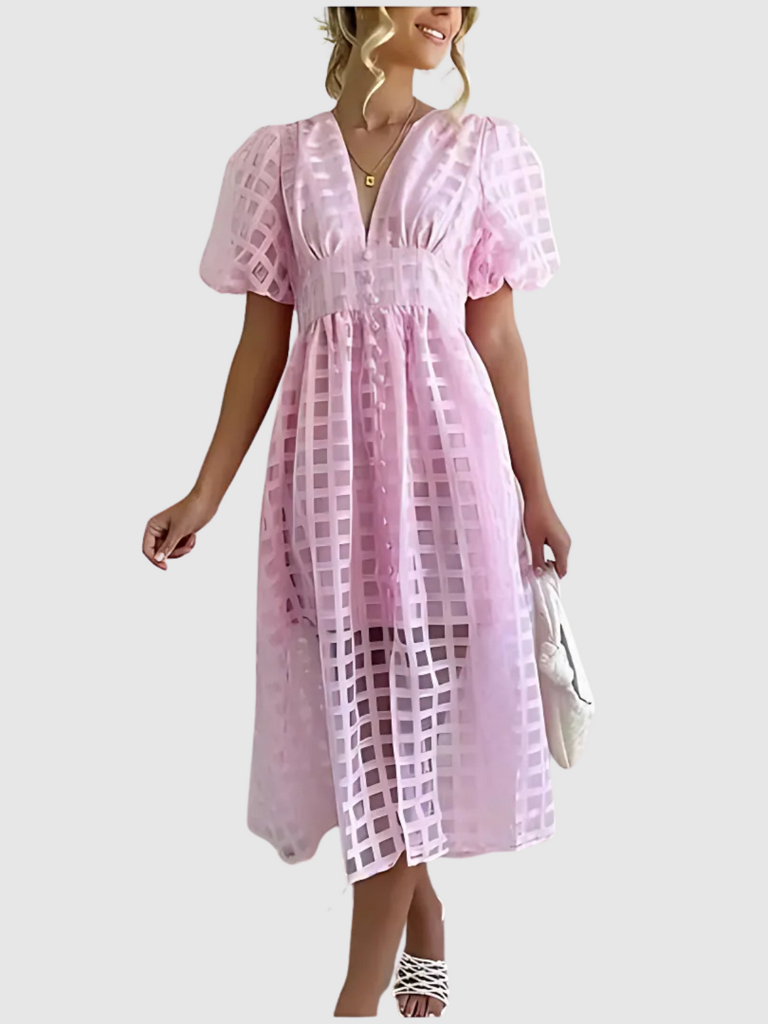 Plaid Midi Dress with Puff Sleeves