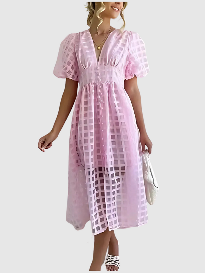 Plaid Midi Dress with Puff Sleeves