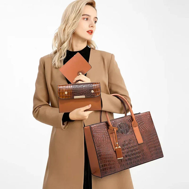 Elegant Crocodile Print Handbag Set, Wallet, and Clutch