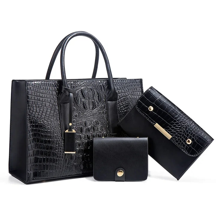 Elegant Crocodile Print Handbag Set, Wallet, and Clutch
