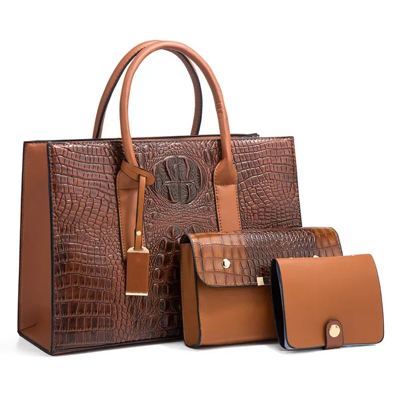 Elegant Crocodile Print Handbag Set, Wallet, and Clutch