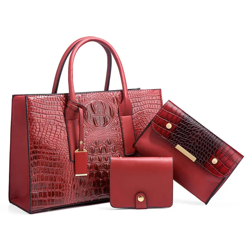 Elegant Crocodile Print Handbag Set, Wallet, and Clutch