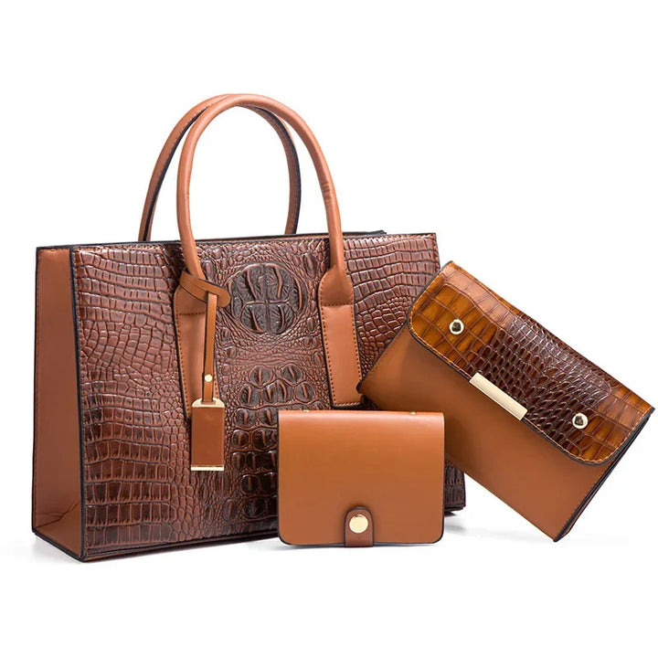 Elegant Crocodile Print Handbag Set, Wallet, and Clutch