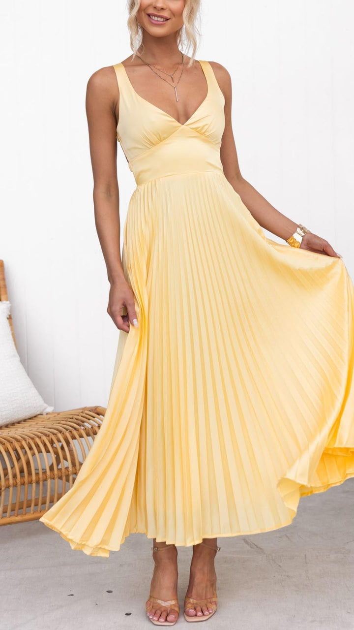 Aby™ | Graceful Yellow Pleated V-Neck Maxi Dress