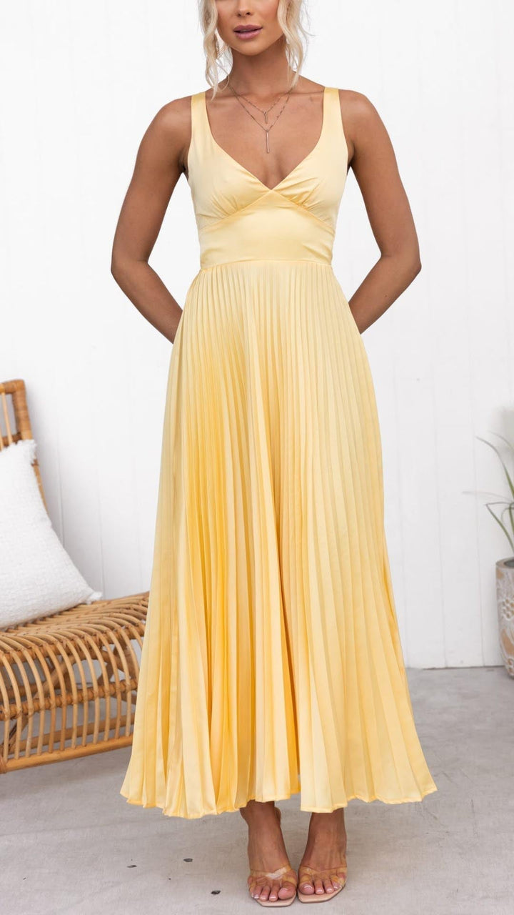 Aby™ | Graceful Yellow Pleated V-Neck Maxi Dress