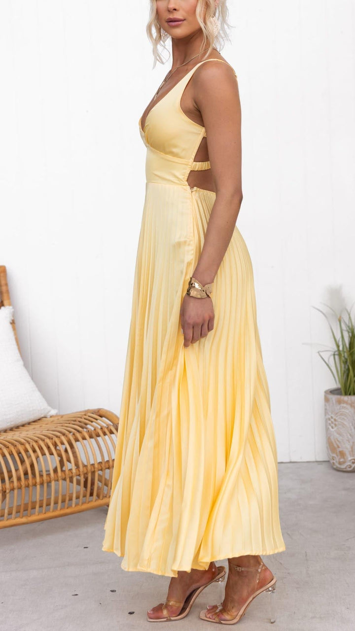 Aby™ | Graceful Yellow Pleated V-Neck Maxi Dress
