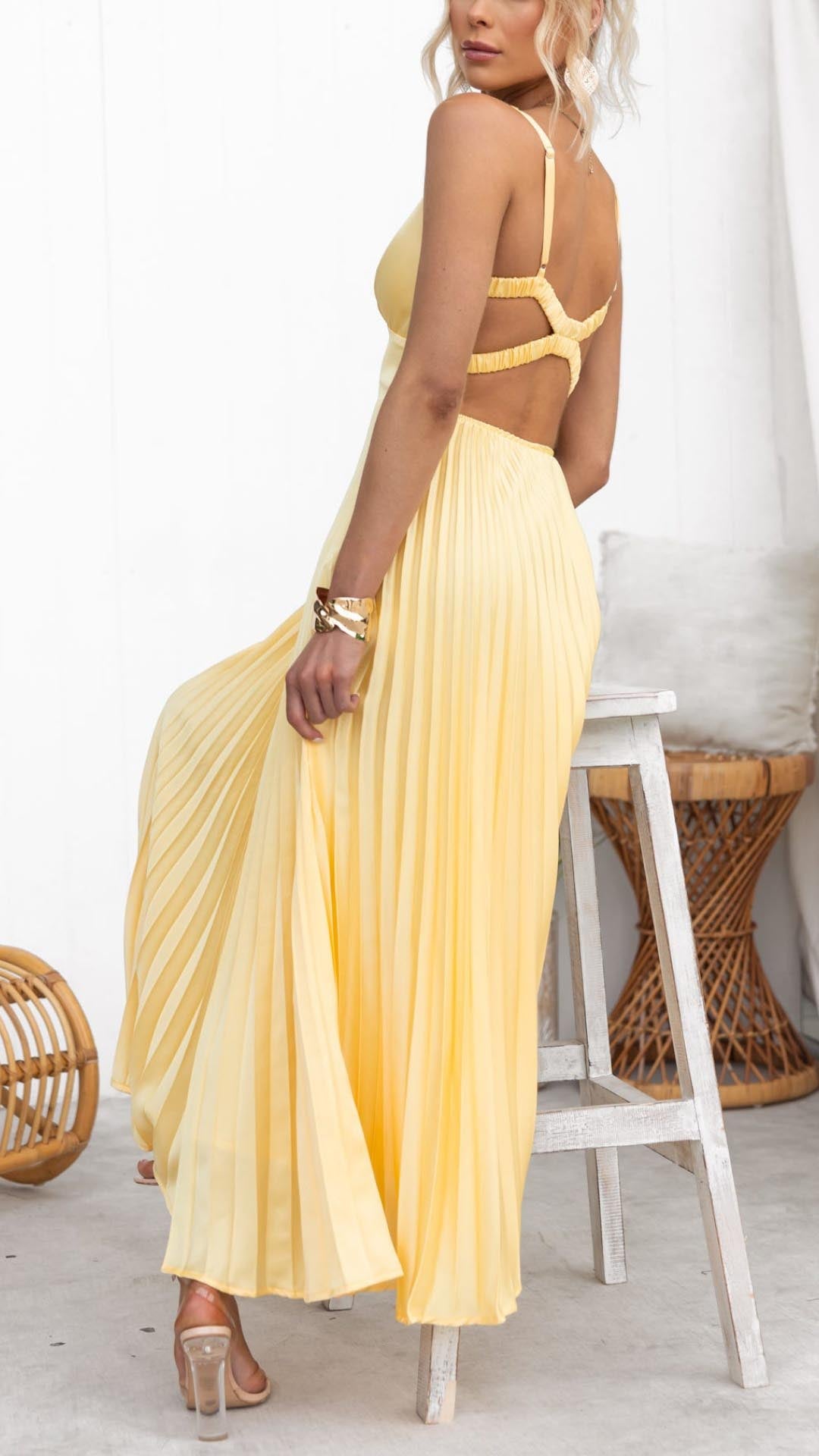 Aby™ | Graceful Yellow Pleated V-Neck Maxi Dress