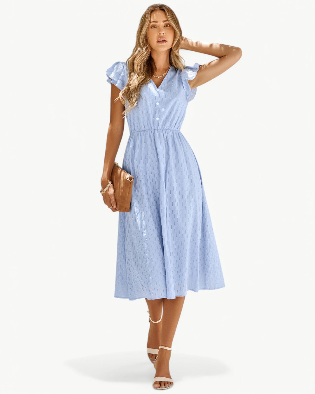 Alra™ | Midi Dress with V-Neck and Ruffle Sleeves