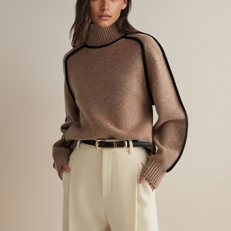 Bi-color Turtleneck Knitted Sweater