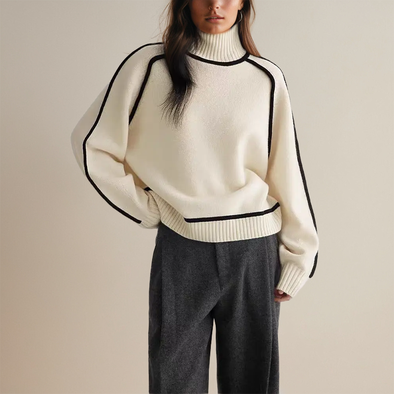 Bi-color Turtleneck Knitted Sweater